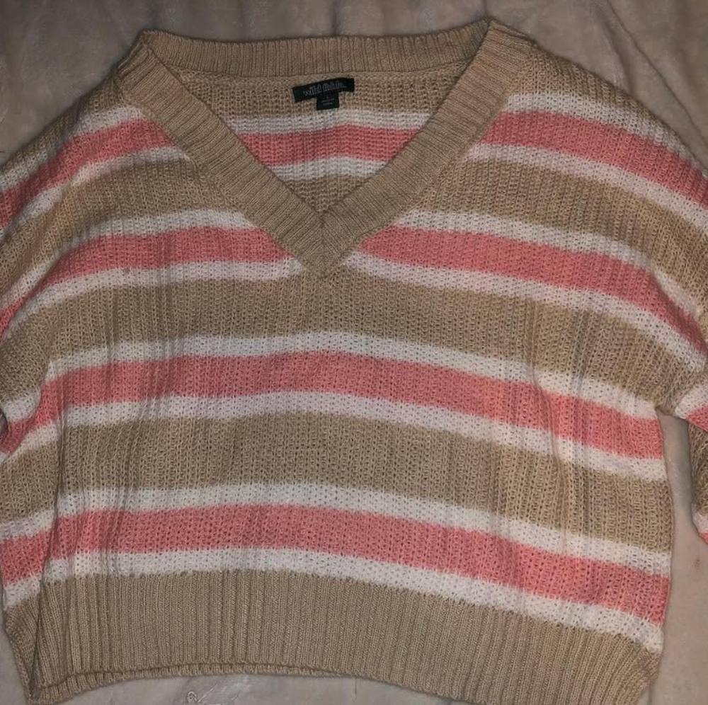 Wild Fable Pink and Tan Striped V-Neck Sweater